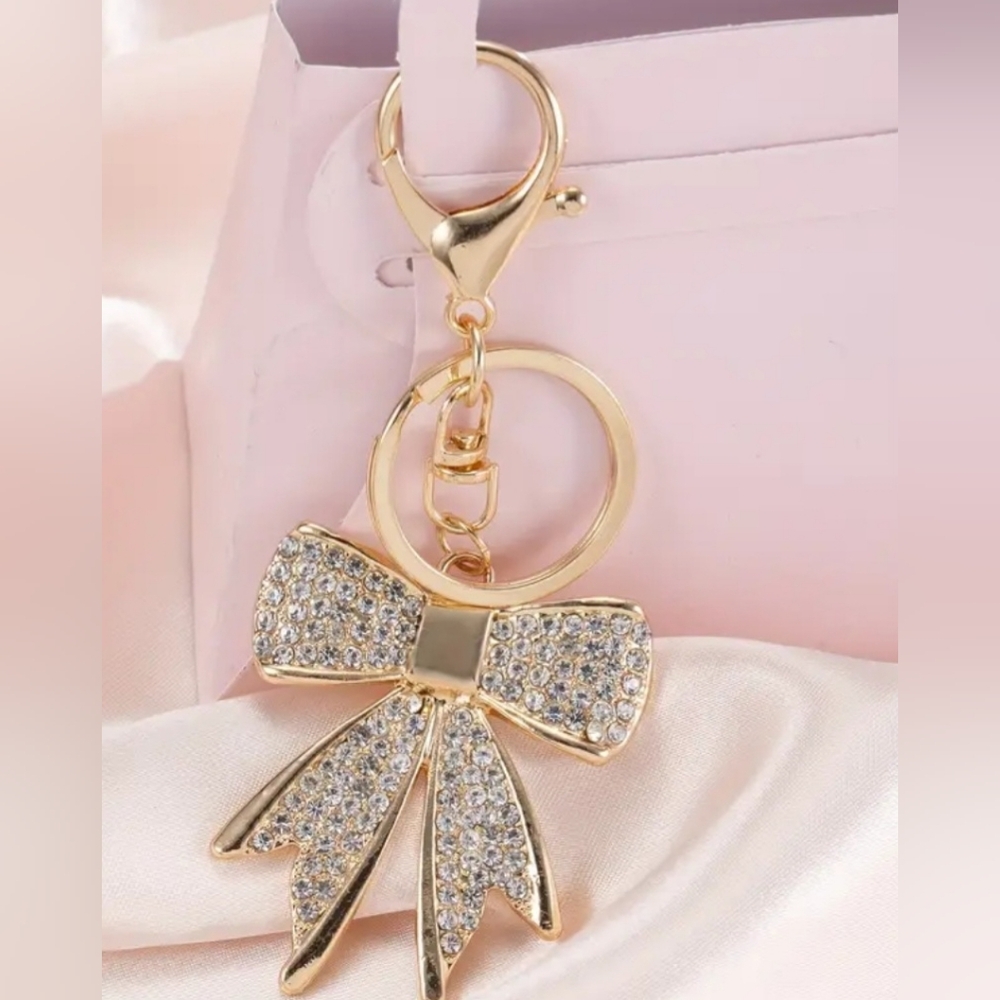 Gold Bow Charm/Keychain with Rhinestones - Picture 2 of 3